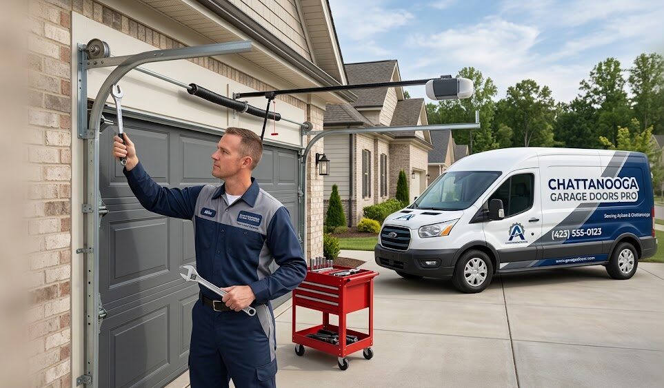 Garage door repair Apison TN professionals servicing a residential garage door