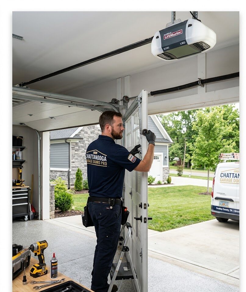 Professional garage door technician repairing a residential garage door in Bradley County Tennessee