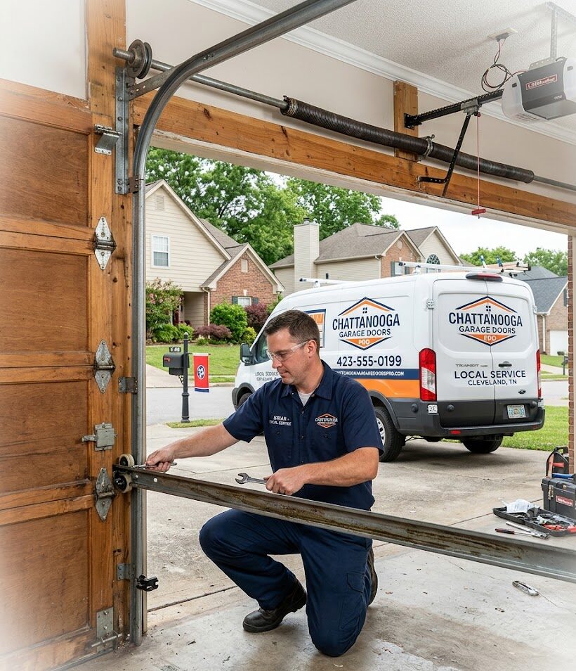 Licensed garage door technician performing a torsion spring repair on a residential garage in Chattanooga, Tennessee – same-day, honest service