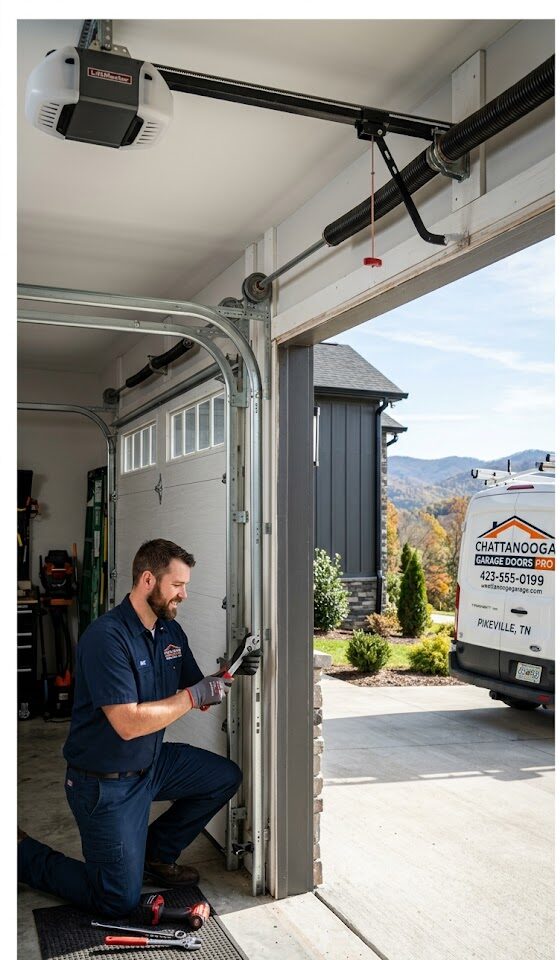 Professional garage door consultant discussing garage door replacement options with homeowners in North Chattanooga Tennessee