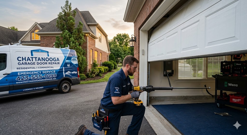 Chattanooga Garage Door repair expert testing torsion springs and tracks on site