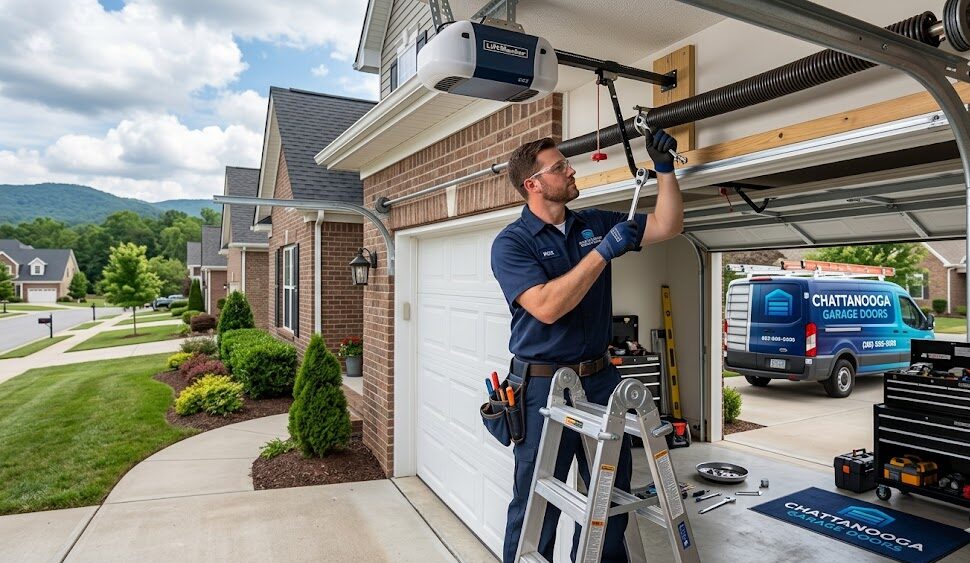 Garage door repair Chattanooga TN professionals servicing a residential garage door