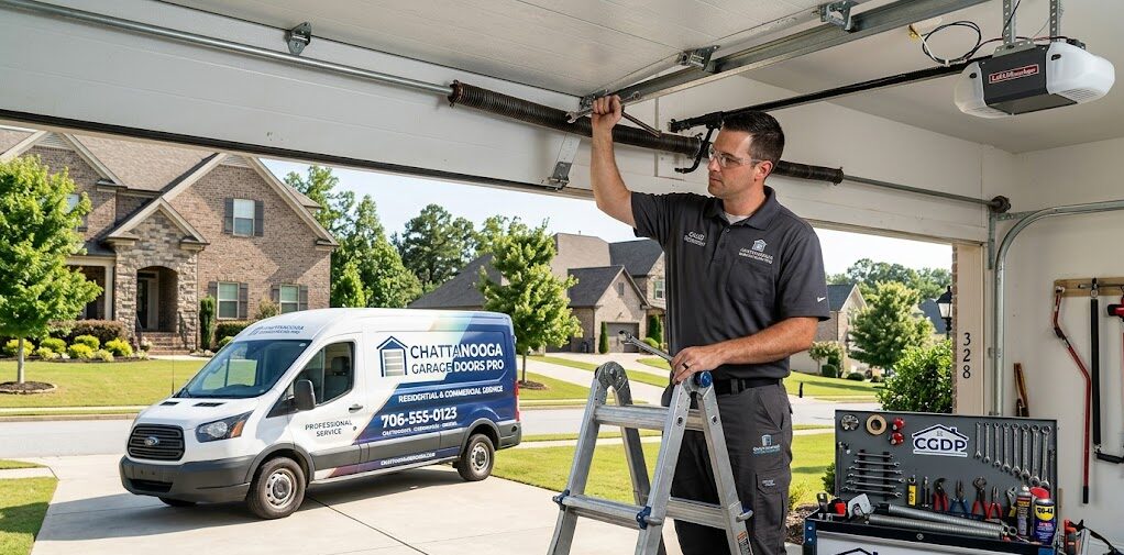 Garage door repair Chickamauga GA professionals servicing a residential garage door