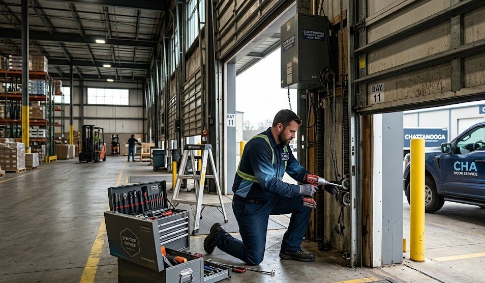 Commercial garage door services in Chattanooga showing professional technicians working on commercial door system