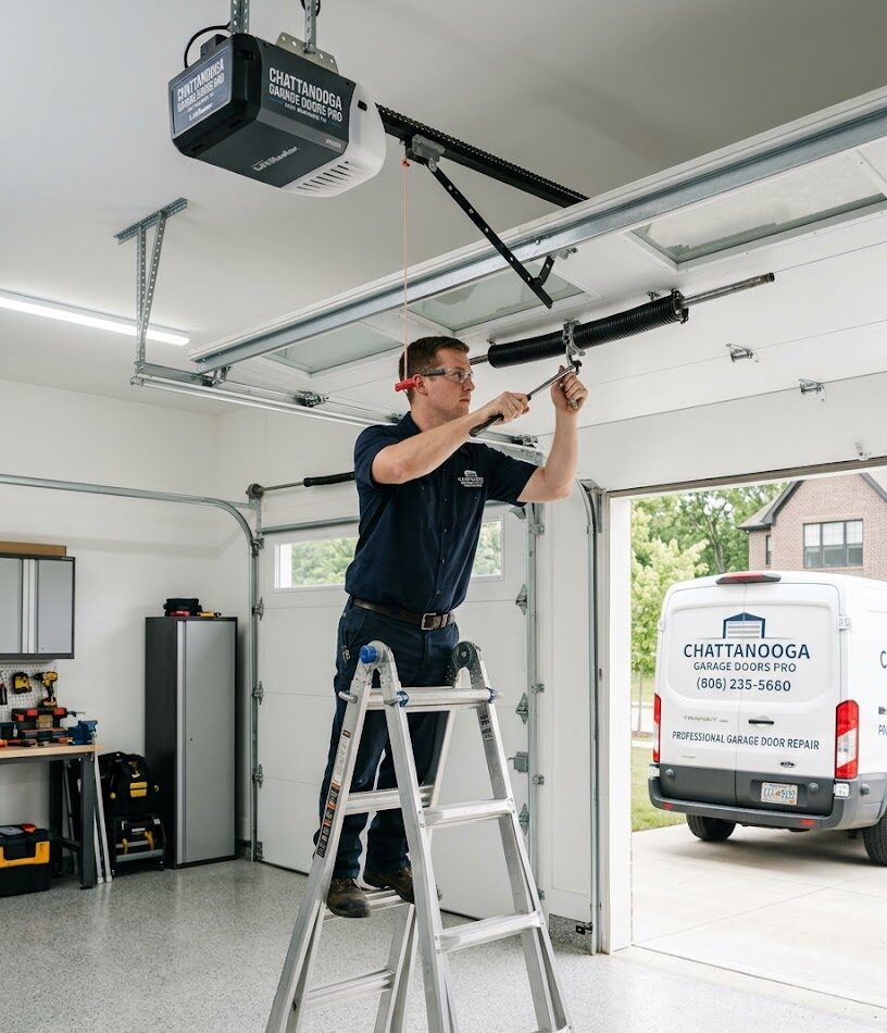 Professional garage door technician repairing a residential garage door in East Brainerd Tennessee
