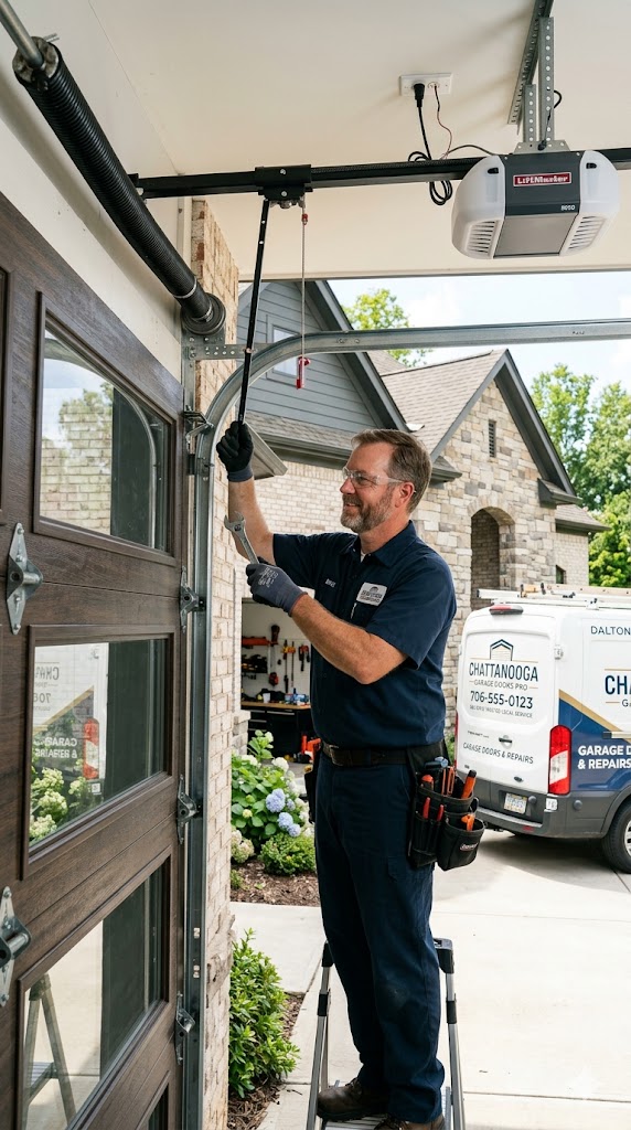 Licensed technician replacing a broken torsion spring on a residential garage door in Chattanooga – same‑day repair and honest pricing
