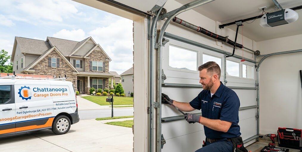 Garage door repair Fort Oglethorpe GA professionals servicing a residential garage door
