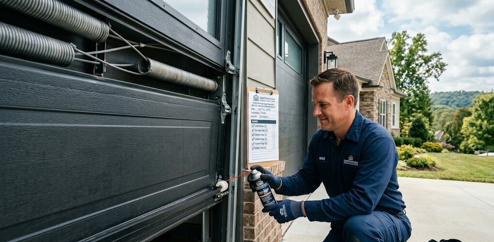 Professional garage door maintenance service technician inspecting garage door components