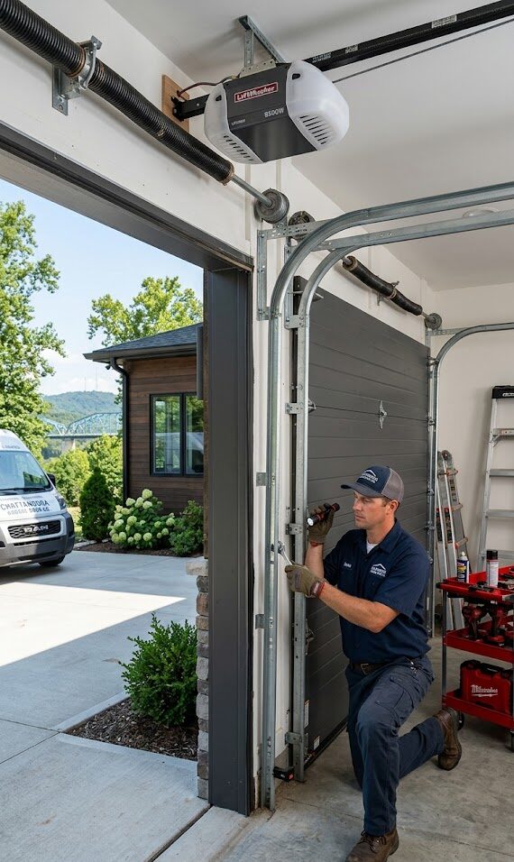 Professional garage door technician inspecting a residential garage door in Chattanooga Tennessee