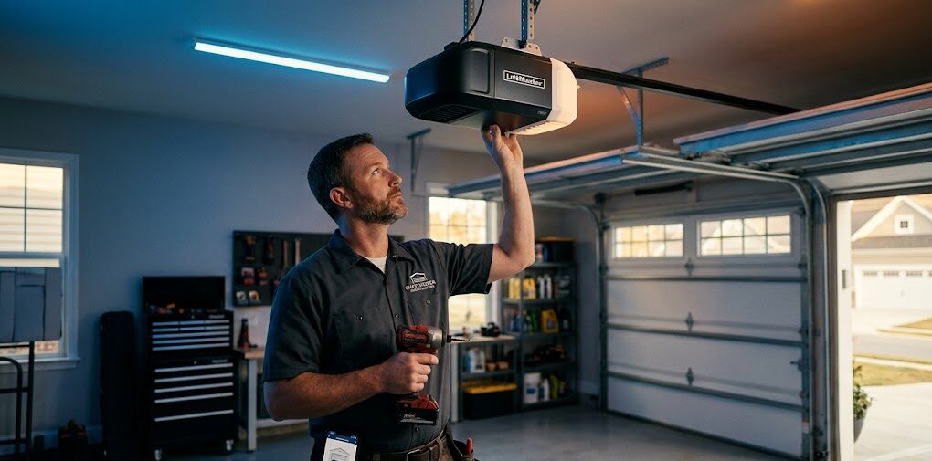 Professional garage door opener installation technician installing a smart garage door opener in Chattanooga TN