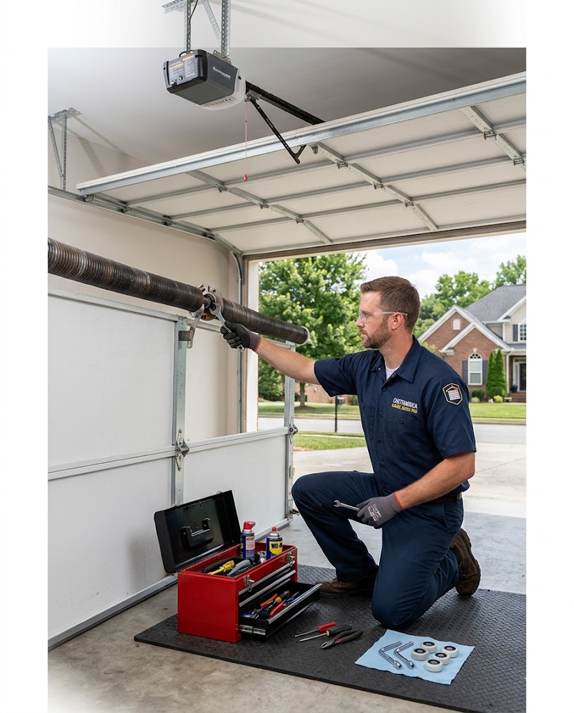 Garage door off track repair in Chattanooga TN - technician inspecting damaged garage door tracks and rollers