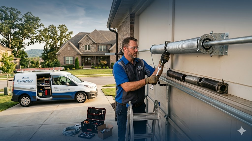 Professional garage door spring repair technician replacing torsion springs on a residential garage door in Chattanooga TN