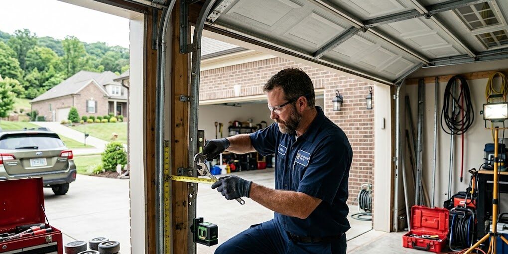 Professional garage door track repair technician straightening bent tracks and fixing alignment issues in Chattanooga TN