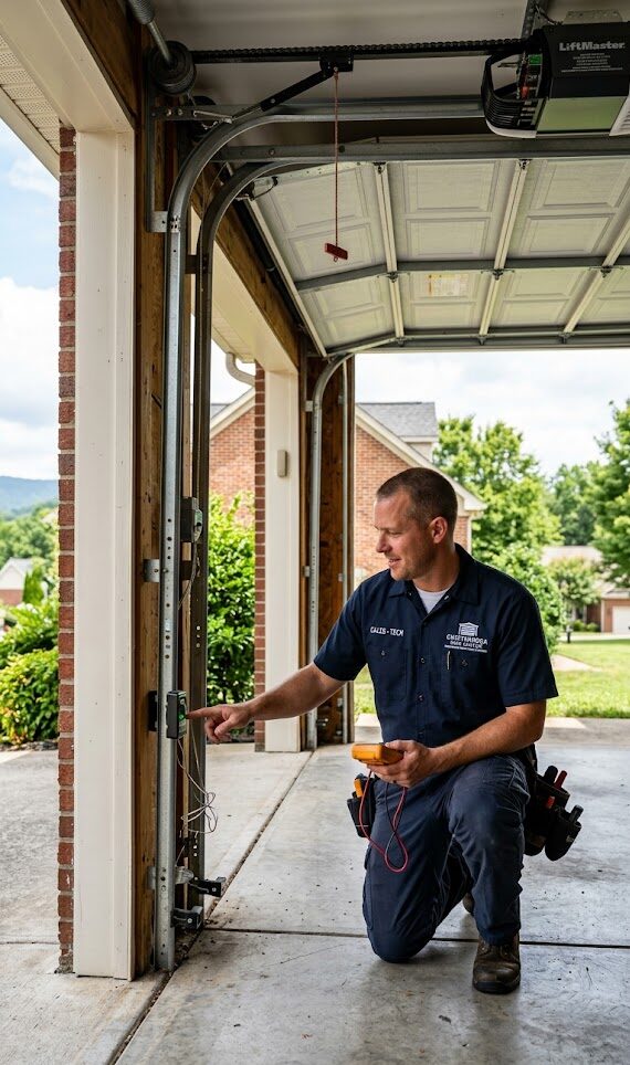 Professional garage door technician inspecting a garage door that will not close in Chattanooga Tennessee