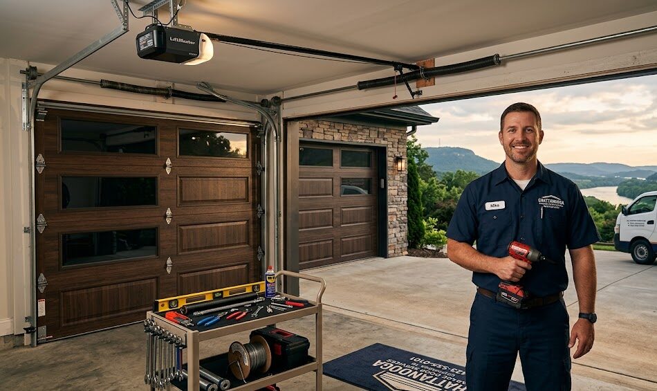 Garage door installation Chattanooga TN showing professional installation team