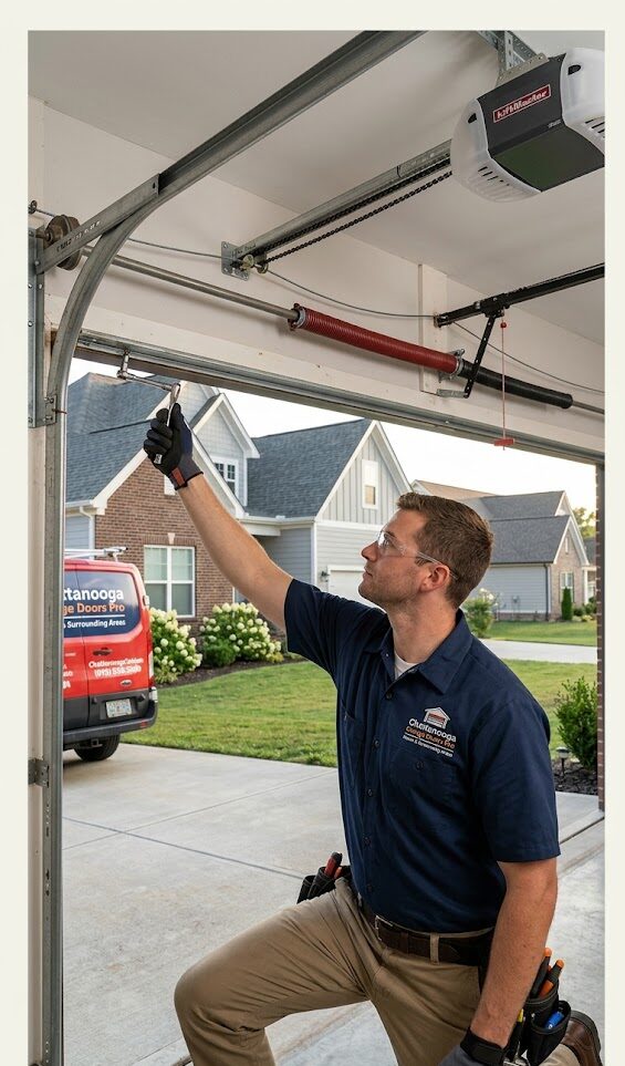 Professional garage door educational resource center, technician explaining garage door system to homeowner, springs, opener, rollers, tracks visible