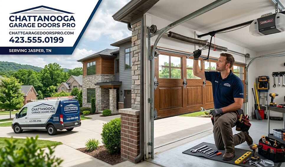 Experienced commercial garage door technician servicing a heavy-duty rolling steel door at a business in South Pittsburg, Marion County TN