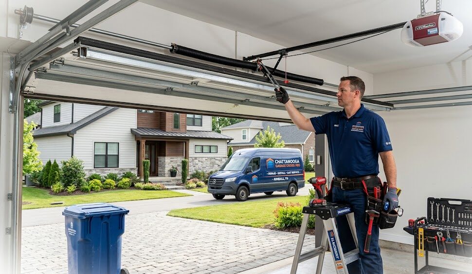 Chattanooga Garage Doors Pro technician providing spring repair and opener installation services to homes in South Pittsburg, Kimball, and Marion County, TN