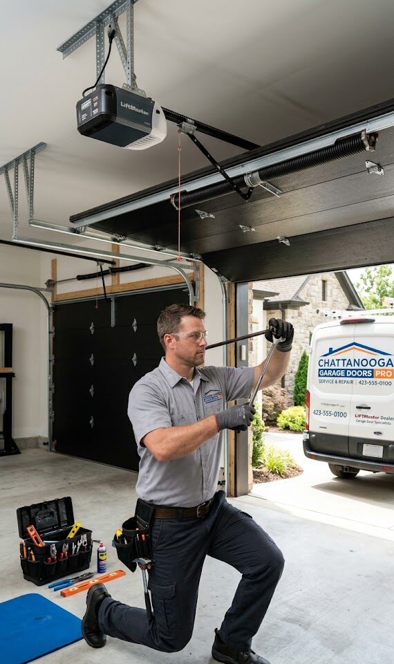 Experienced garage door technician performing a torsion spring inspection on a residential home in Rising Fawn GA