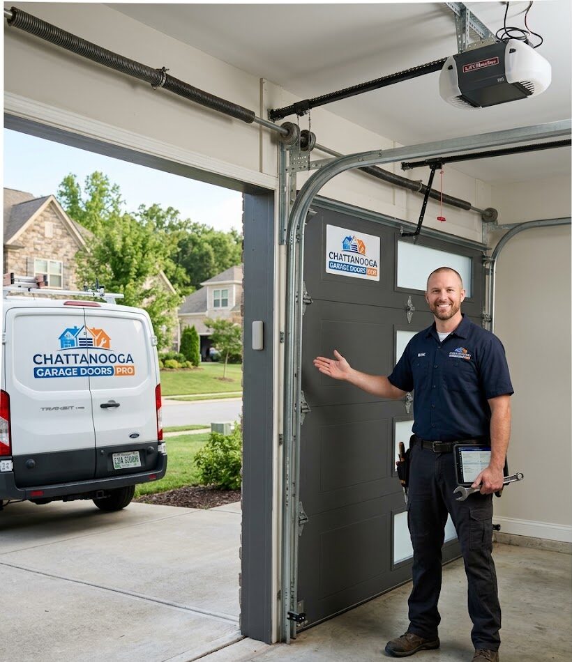 Garage door maintenance technician lubricating rollers and inspecting opener system in Chattanooga Tennessee residential home