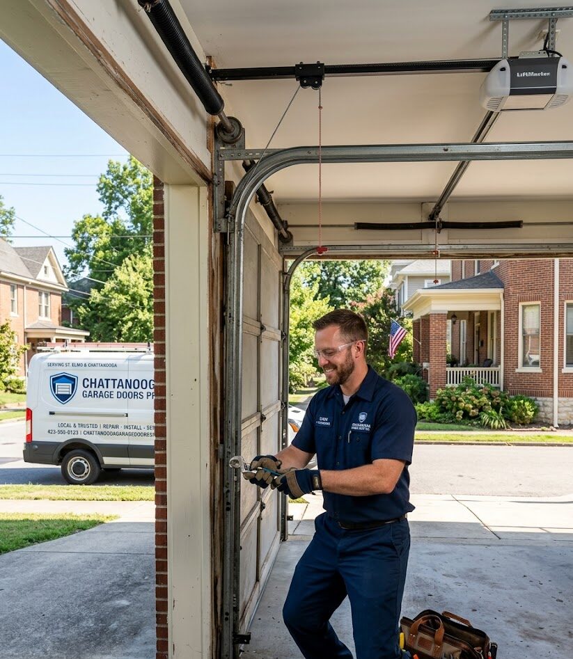 Professional garage door technician repairing a residential garage door in St Elmo Tennessee
