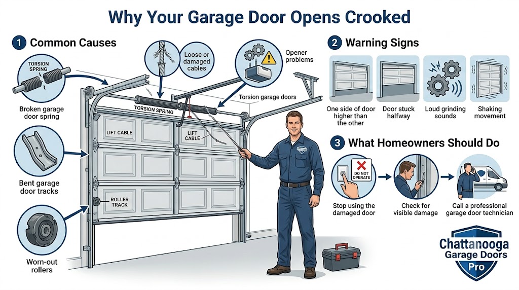 Inspecting a crooked garage door for track and cable issues