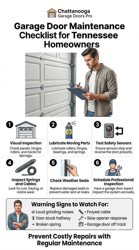 Tennessee homeowner inspecting garage door maintenance checklist