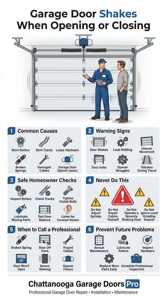Inspecting a shaking garage door for worn rollers and loose hardware