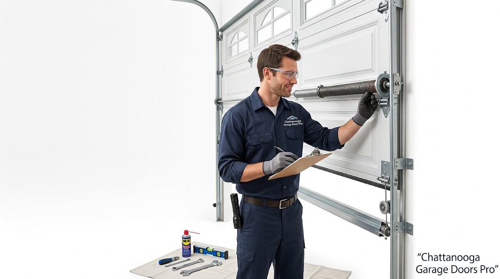 Professional garage door tune-up service in progress