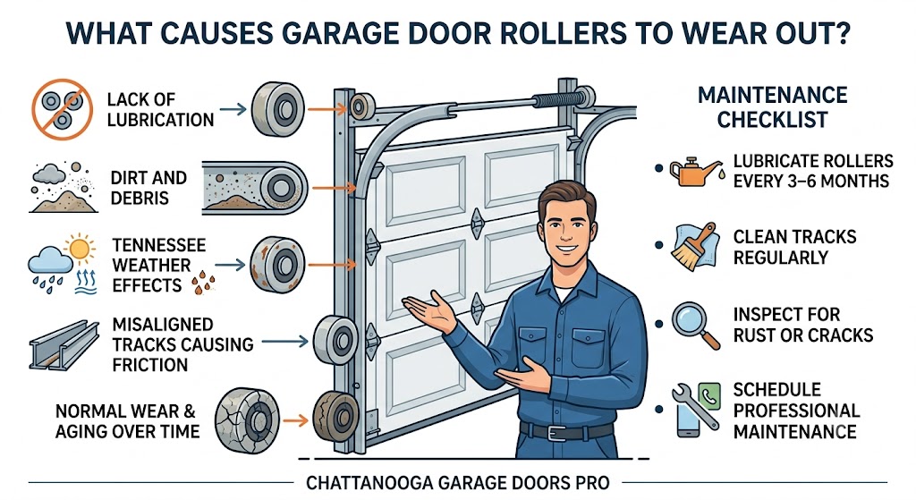 What causes garage door rollers to wear out - inspection guide
