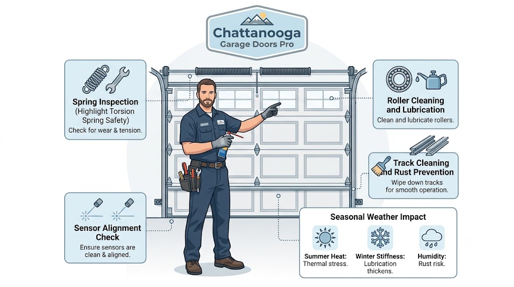 Seasonal garage door maintenance guide for Chattanooga homes throughout the year